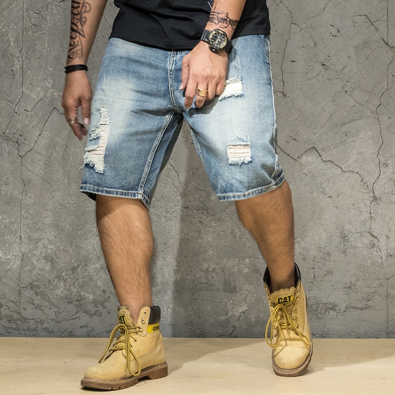 Sommer mænds løse lige rippede denim shorts plus størrelse 40 42 44 46 lyseblå jeans korte mandlige mærke