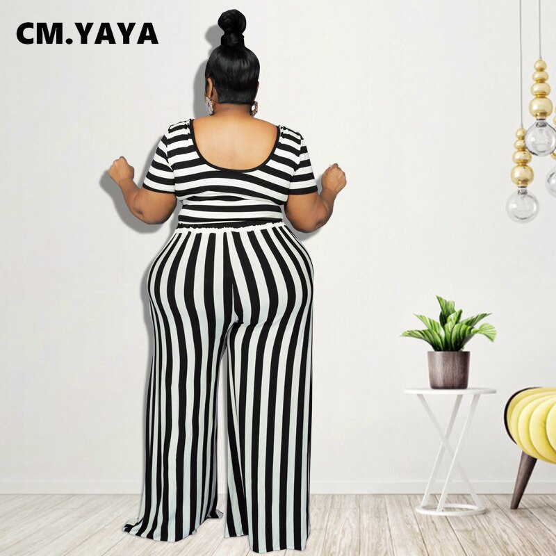 CM.YAYA Women Plus Size Tracksuit Striped Short Sleeve O-neck Tops Wide Leg Loose Pants Two 2 Piece Sets Casual Outfit Summer