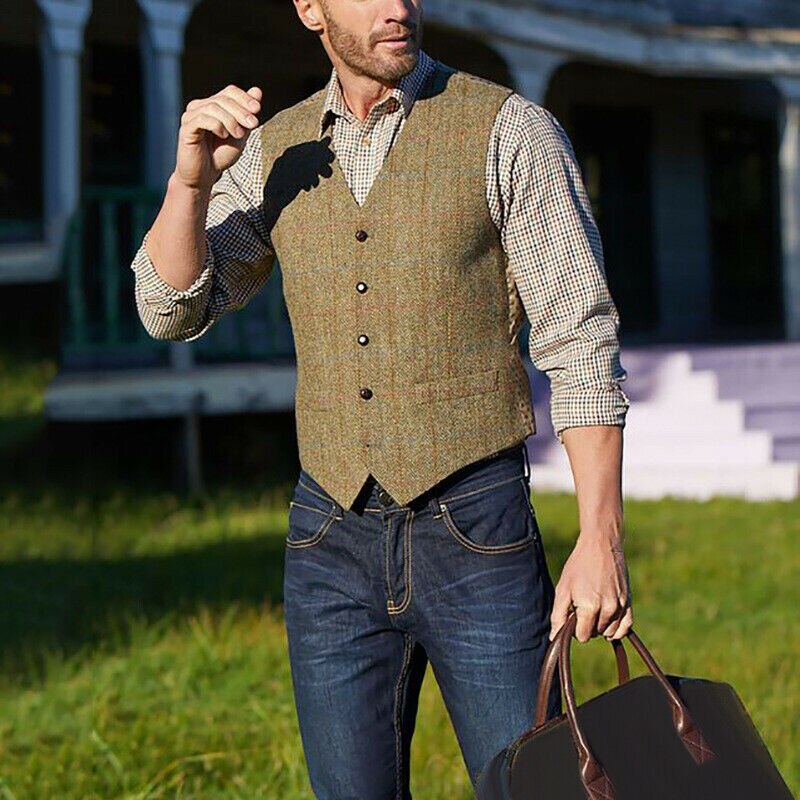 Herr väst toppar casual vintage ull blandning tweed krage retro lapel västar solid färg all-match