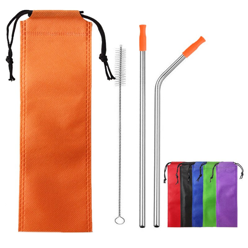 304 Stainless Steel Metal Straws Drink Cocktail Color Silicone Head Straw Travel Portable Set
