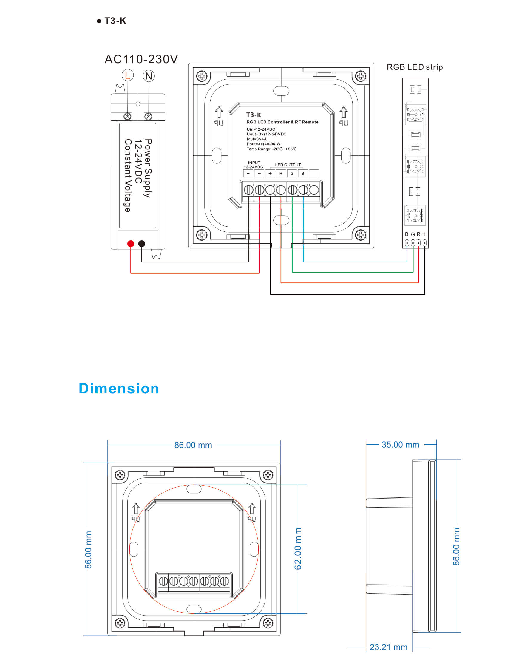 Wall mount RGB led controller glass panel and touch screen 3V RF remote dimmer DC12V-24V led strip tape RGB led controller
