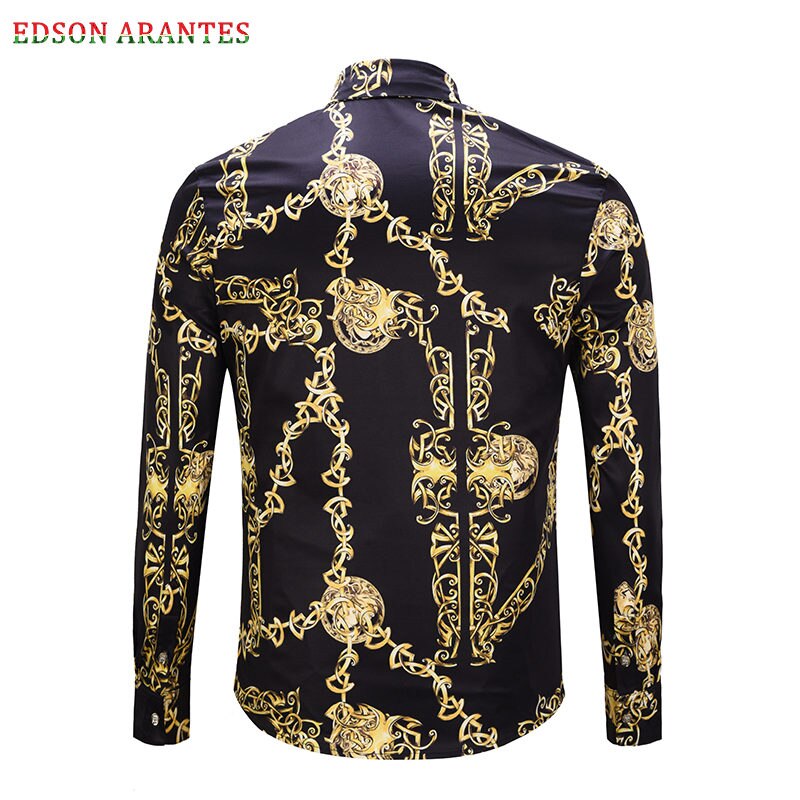 EDSON ARANTES-camisas de para hombre, ropa Masculina de barroca con estampado de cadena dorada 3d de lujo, de manga larga, ajustada, Noble