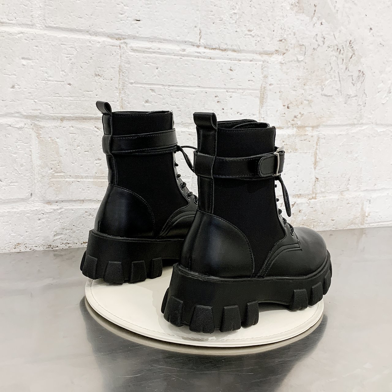 chaussures femme à lacets bottes épaisses bout rond chaussures femme boucle plate-forme en cuir PU bottines talons hauts