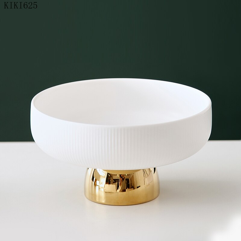 Luxury Ceramic Tall Fruit Snack Tray High-end White Vertical Pattern Candy Jewelry Cosmetics Storage Tray with Golden Base For