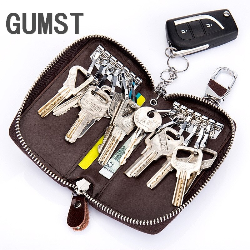 Gumst splitlederen capaciteit mannelijke sleutel portemonnee organizer tas vrouwen huishoudster sleutelhanger voor mannen rits etui mannelijk