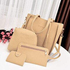 4 pçs conjunto de mulheres topo-alça titular do cartão de grande capacidade borla bolsa de ombro bolsa carteira senhoras couro do plutônio crossbody saco: Khaki
