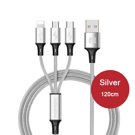 Nohon 3 in 1 8 pin type c micro nylon usb kabel til iphone 8 x 7 6 6s plus ios 10 9 8 samsung nokia usb hurtigopladning kabler ledning: 3- i -1 sølv