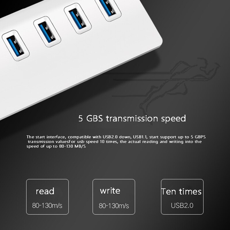 1 to 7 Port Hub USB 3.0 5Gbps High Speed Aluminum Alloy Shell Hub Suitable for PC Laptop Tablet Computer