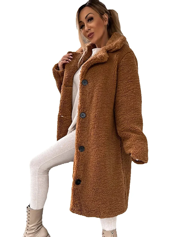 Chaqueta de borreguito para mujer, abrigo de manga larga con cuello vuelto y botonadura única, prendas de vestir de lana esponjosa para invierno, 2024