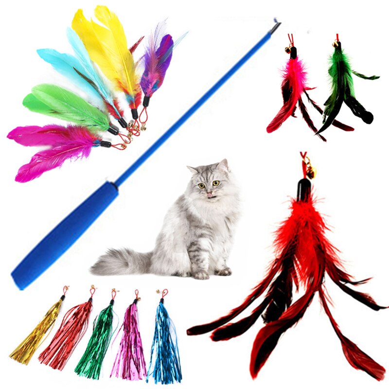 L40 cute cat toys 1pc cat feather toys, kitten interactive teaser bell feather stretch fishing rod play wand pets replacement head