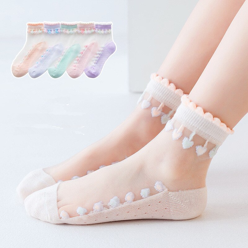 5 Paires/lot chaussettes filles printemps et été mince enfants chaussettes en cristal verre d'été glace bas dentelle filles princesse chaussettes