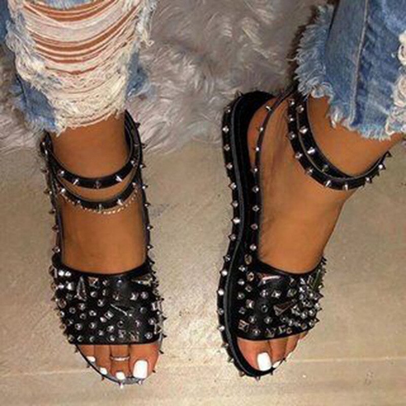 Sandalias con remaches para Mujer, Sandalias De tacón plano con correa para el tobillo, con cordones, sólidas, estilo Punk, De verano , Zapatos De Mujer