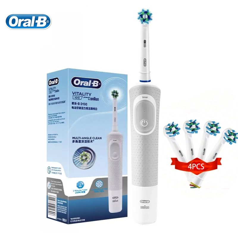 Oral B D100 elektrische Zahnbürste, kleiner runder Bürstenkopf mit 4-Bürstenkopf-Timer, Tiefenreinigung, Aufhellung der Zähne, Zahnbürste: Brown