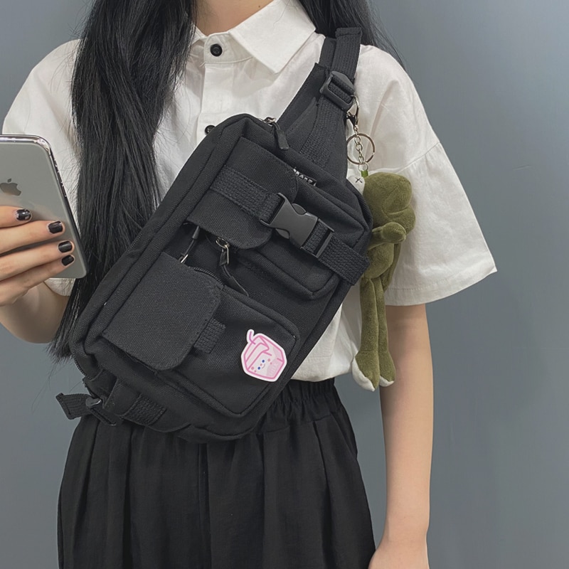 Harajuku Korean Wild Female Student Japanese Tooling Bag Machine Function Messenger Canvas Waist Bag Hip Hop Chest Bag