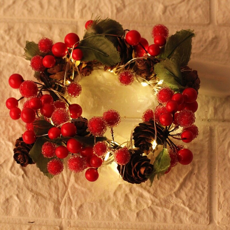 Christmas Decorative Wreath With LED String Light Artificial Berries And Pine Cone Garland For Front Door Window Wall Decor