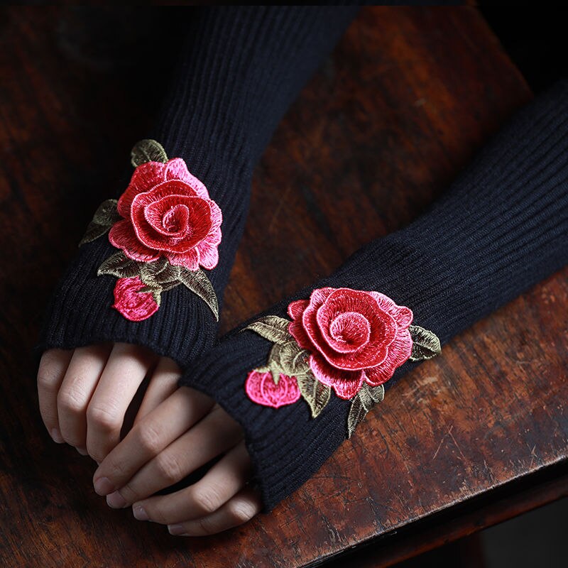 Wonens Embroidery Gloves Punk Womens Long Winter Fingerless Gloves Womens Long Winter Fingerless Gloves