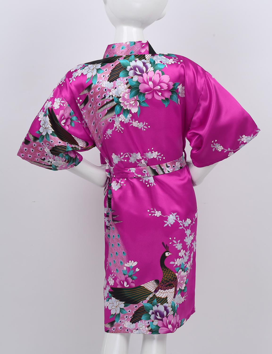 Blomma&påfågel kimono badrock barn flickor siden satin mjuk sovkläder sexig mini brud brudtärna bröllopsrock morgonrock