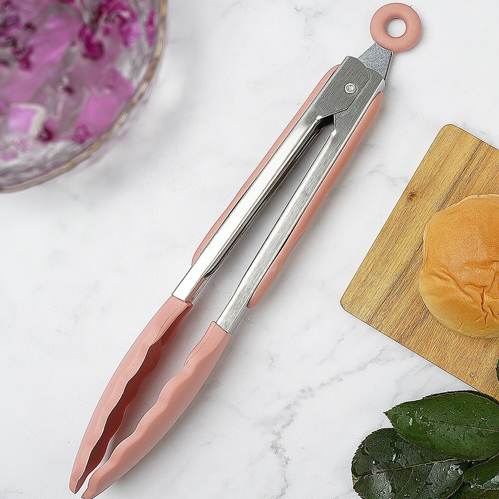 Silicone Food Tong Cooking Clip Clamp BBQ Salad Tools Stainless Steel Kitchen Tongs Silicone Non-slip Grill Kitchen Accessories: pink