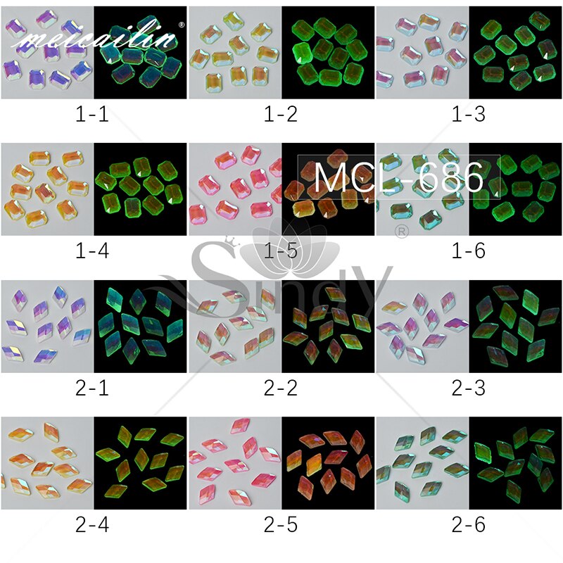 Mix 60pcs Fluorescerende Glas Nail Rhinestones Set Lichtgevende Plaksteen Diamant Vierkante Kristallen Glow In The Dark Gems Art Decoraties