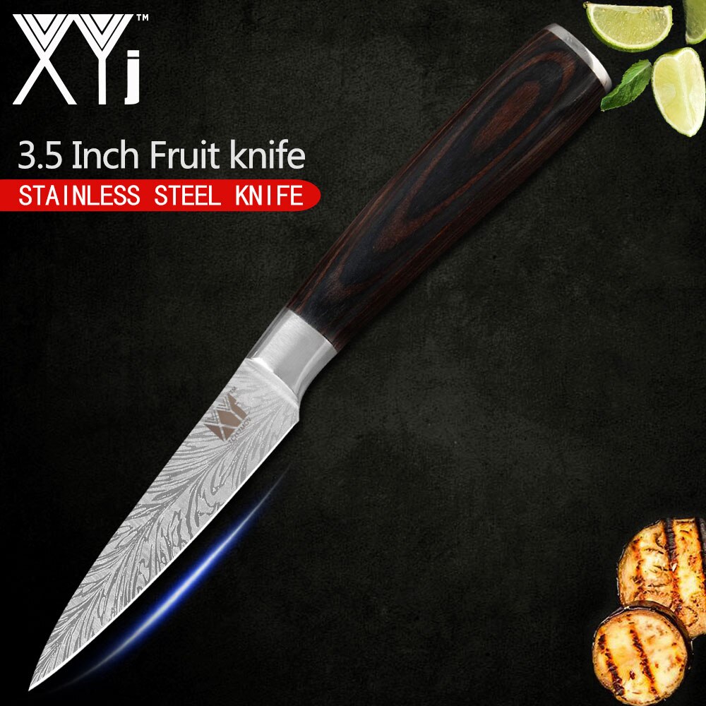 XYj Stainless Steel Kitchen Knives Set 8'' INCH Knife Storage Box Holder Damascus Pattern Veins Blade Full Tang Blade Accessory: 3.5 inch paring