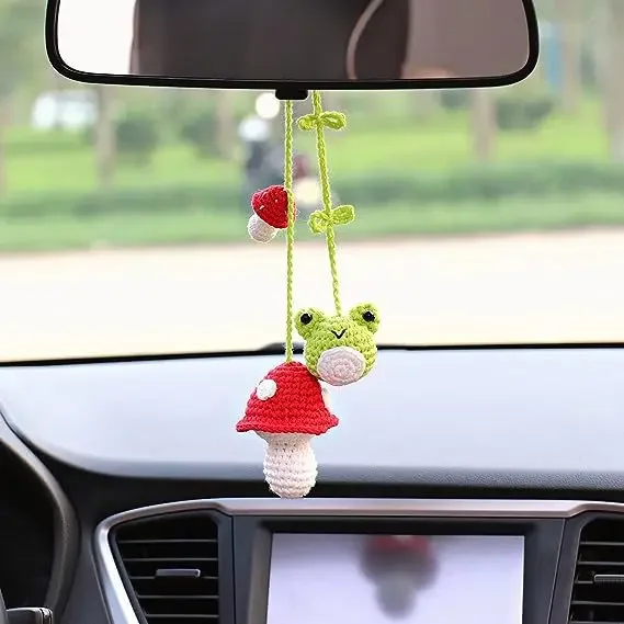 Leuke auto-accessoires creatieve handgemaakte gehaakte kikker auto achteruitkijkspiegel hanger grappige pop ornamenten kerstcadeaus: Black