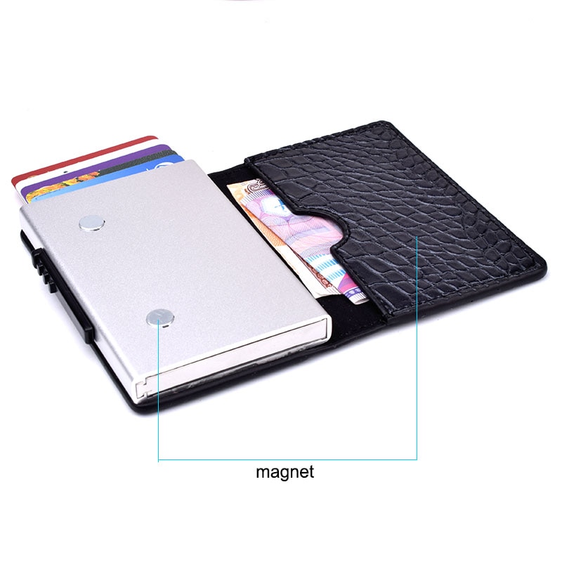 RFID Credit Card Box Case Aluminium+Leather Card Holder Wallet Manual Slider Anti-Scan Card Cover Men Women