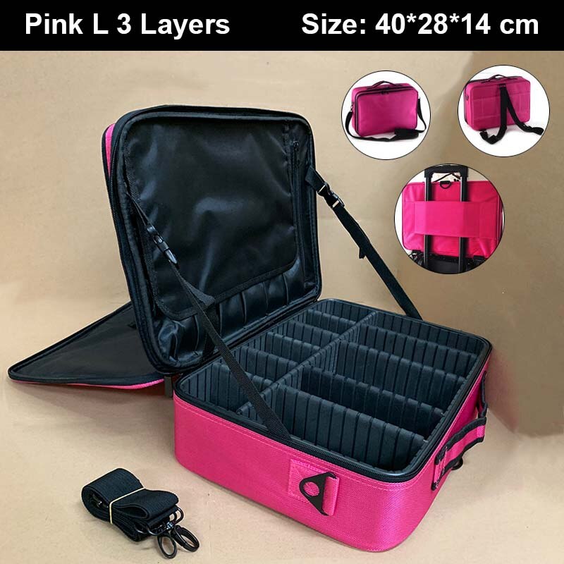 Frauen Kosmetik Tasche Reise Make-Up Organizer Professionelle Machen Up Box Kosmetik Tasche Taschen Schönheit Fall Für Make-Up Künstler: Pink L 3 Layers