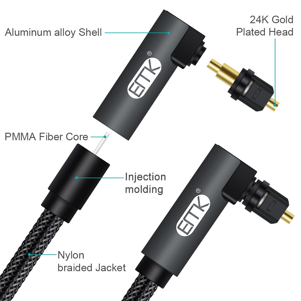 EMK 90-stopniowy cyfrowy optyczny kabel audio 5.1 Kątowy kabel Toslink SPDIF do odtwarzacza Blu-ray Xbox Soundbar Kabel światłowodowy