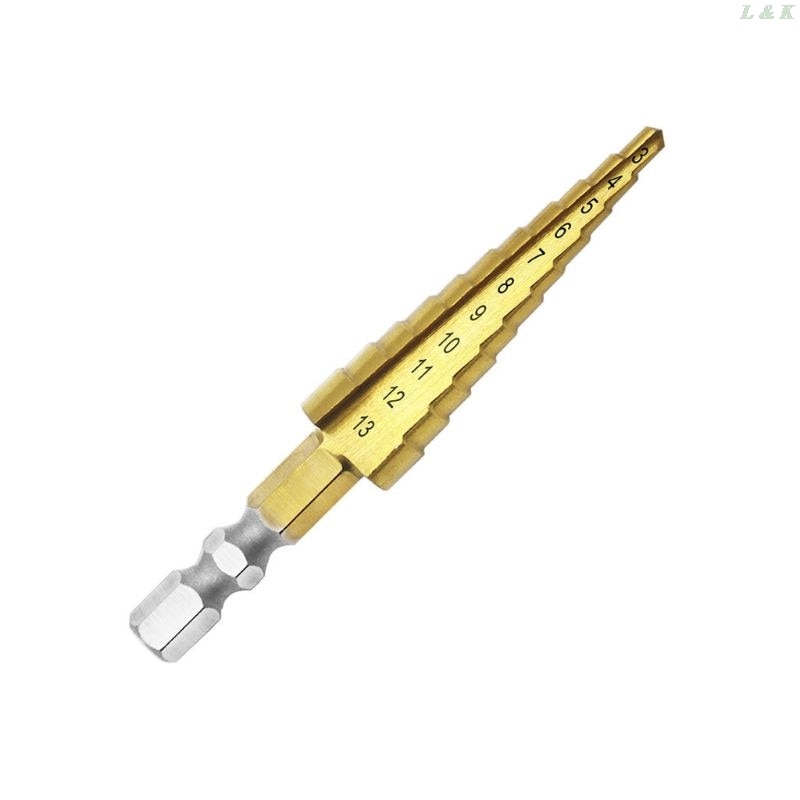 3-13mm HSS Titanium Coated Step Drill Bit Cone Hex Shank Reaming Power Tool Wood