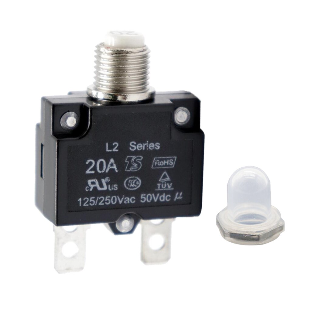 Disjoncteur à bouton poussoir 50V DC | 2 pièces 15/20A AC 125/250V, montage en trou rond 3/8 pouces (10mm), capuches de boutons transparents