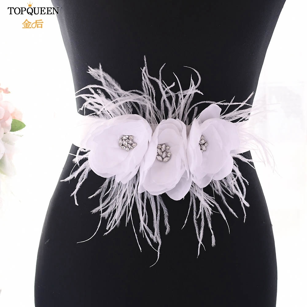TOPQUEEN Weiß Blume Schärpe Gürtel für Kleid Für Hochzeit Zubehör Blume Gürtel für hochzeit Braut Gürtel mit Tuch Blume S438