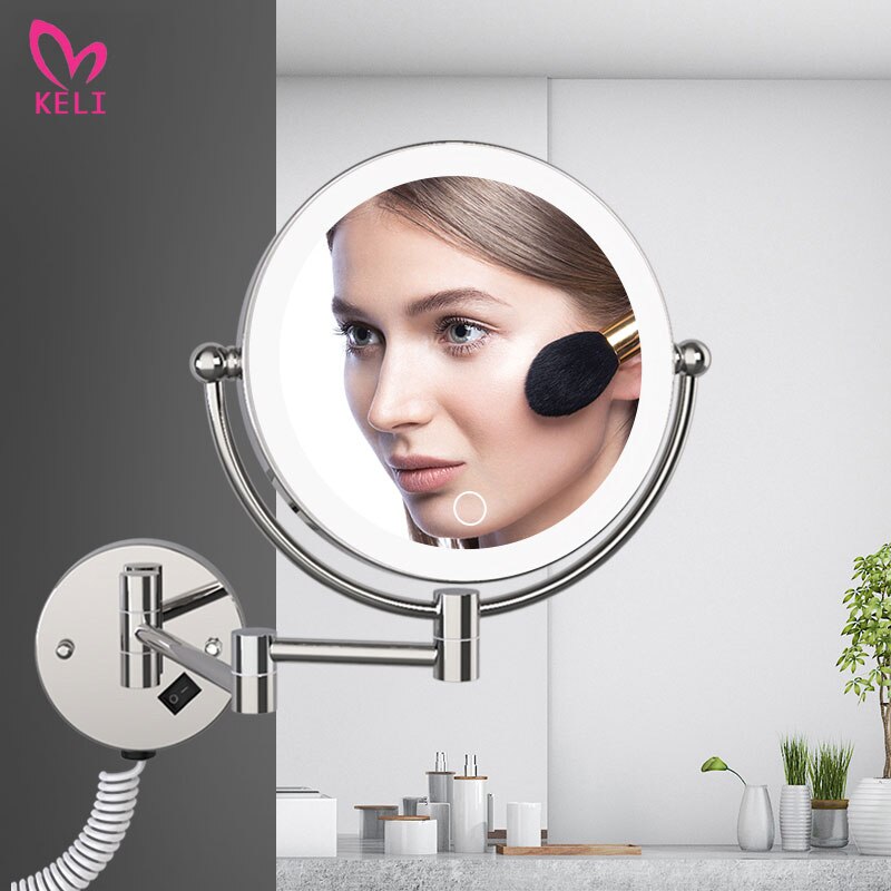 LED Makeup Mirror With Plug 5X Magnifying Folding Wall Illuminated Mirror Double Sided Touch Bright Adjustable Bathroom Mirrors