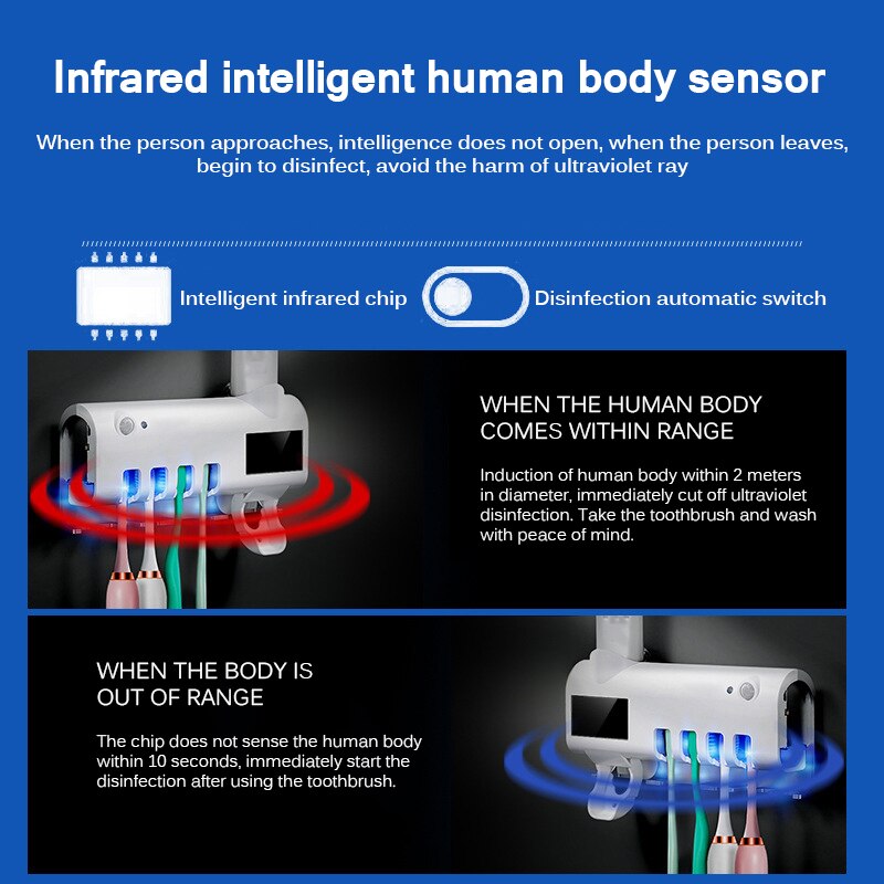 Intelligent Solar Multifunctional Sterilizer Toothpaste Dispenser Ultraviolet Antibacterial Holders UV Light Toothbrush Holder