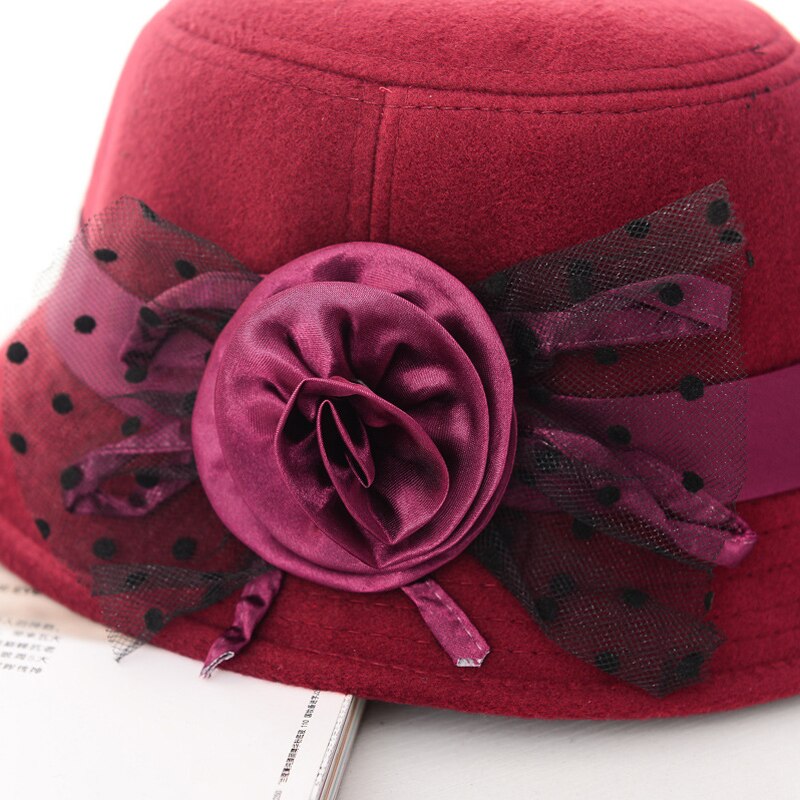 Ladies Formal Fedora Bowler Hats Vintage Women Hat Imitation Woolen Flower Autumn Winter Keep Warm Bucket Cap