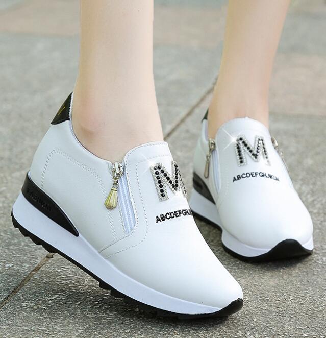 Lata skor en pedal fritidsskor vita platåskor dam sneakers strass andas höjd ökande skor: Vit / 36