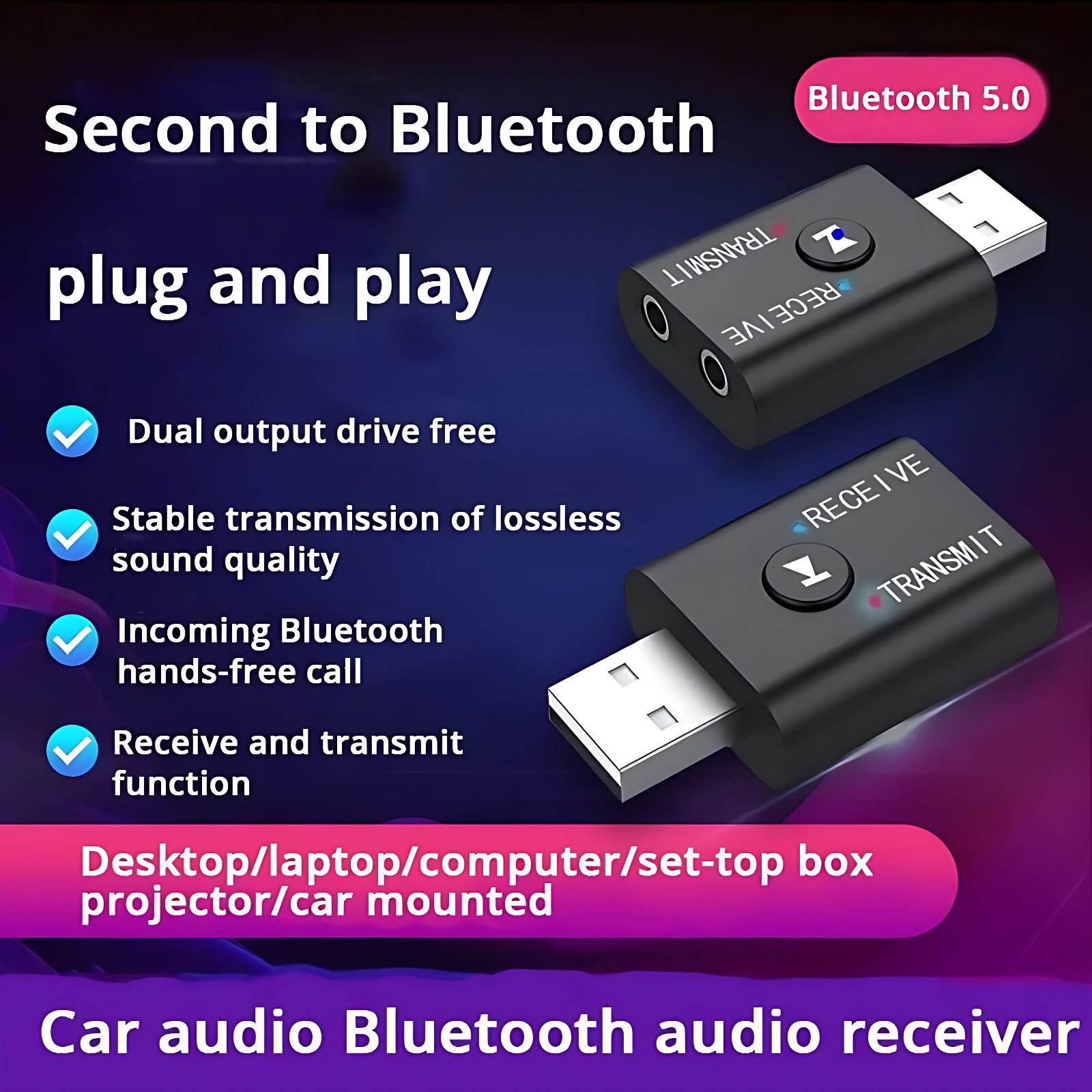 Receptor y transmisor de Audio con Bluetooth 5,0, conector AUX de 3,5mm, RCA, USB, Dongle, adaptador inalámbrico estéreo para TV, Kit de coche, altavoz y auriculares