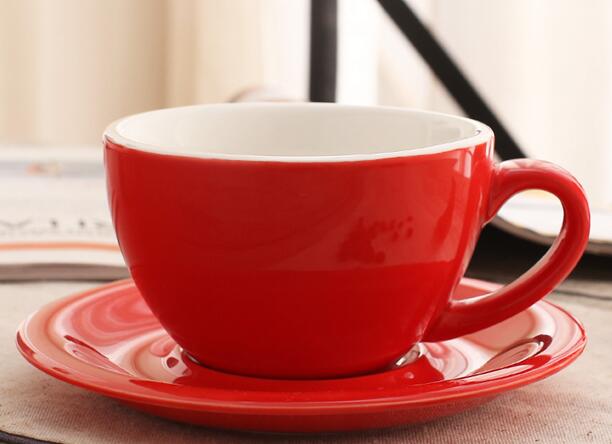 300 ml farverige tykke porcelæns-kaffekopper og underkopper, keramiske lattekopper og underkopper: Rød