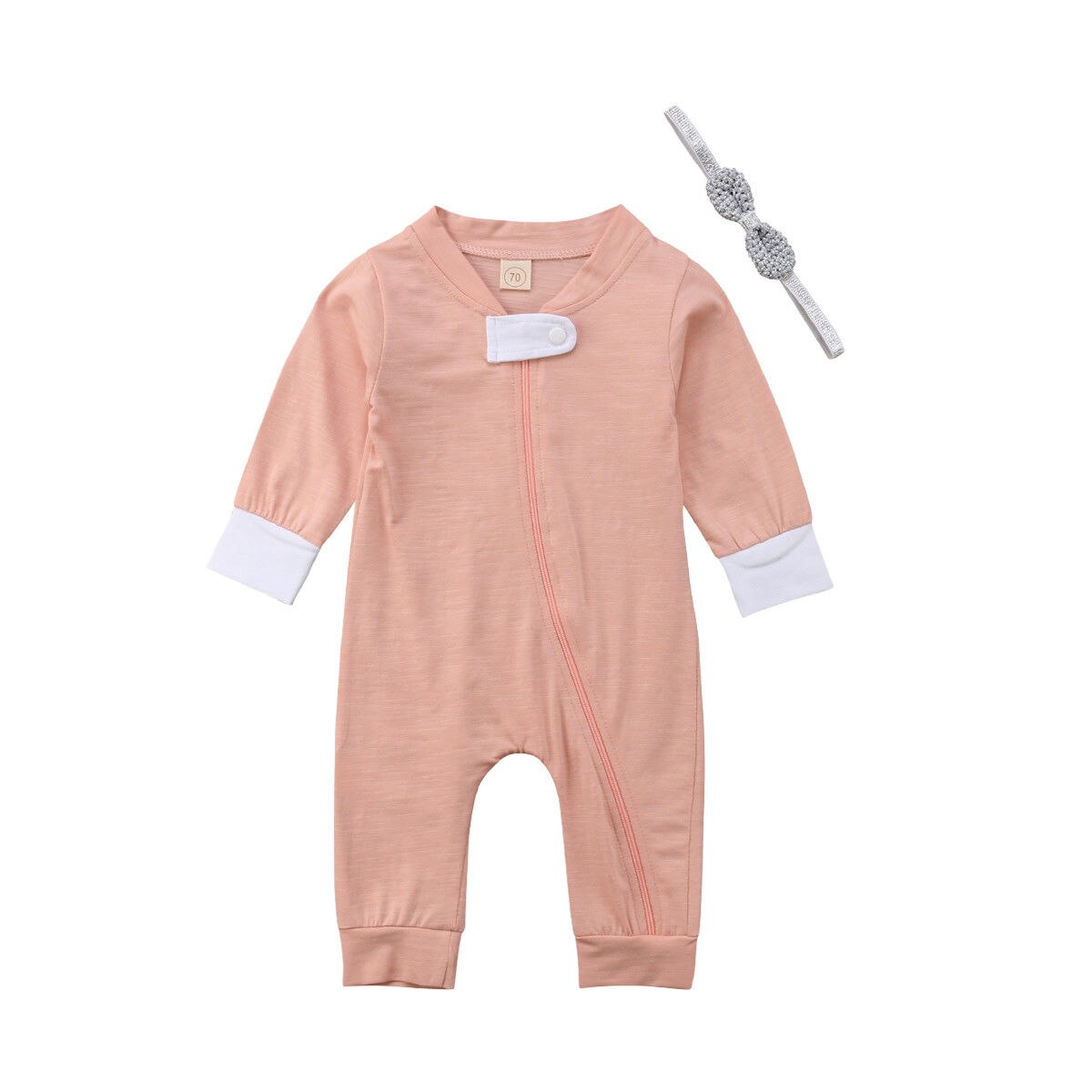 Emmababy Peuter Baby Jongens Meisjes Herfst 2 stks Lange Mouw Twee Kleuren Effen Romper + Hoofdband Outfits 0-18 m