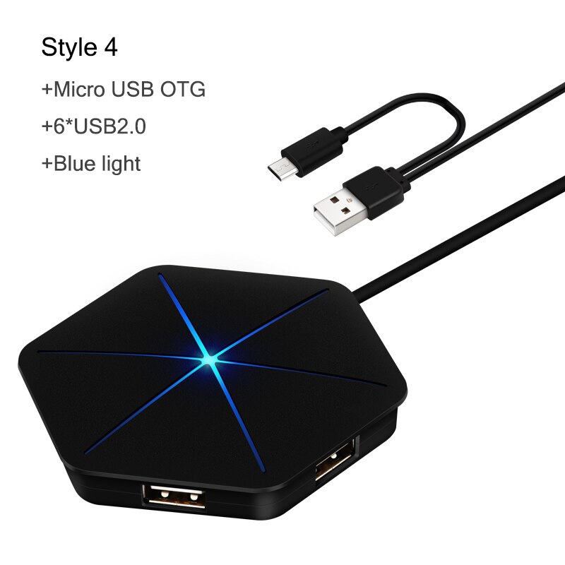 Répartiteur OTG 6 ports USB Hub, 7 modèles, avec lecteur de carte SD TF, lumière RGB Cool, USB 2.0 3.0, pour ordinateur de bureau et portable: S4 Black OTG USB