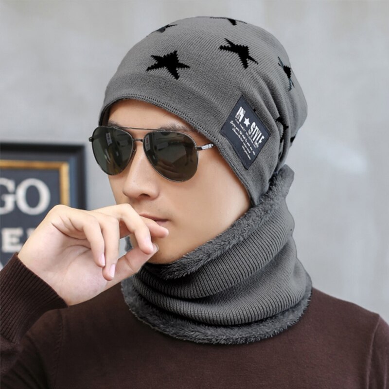 Mænd hat pentagram uldhat efterår og vinter afslappet bønnehue varm strikning forældre-barn hat koldsikker plyshue: Mørkegrå