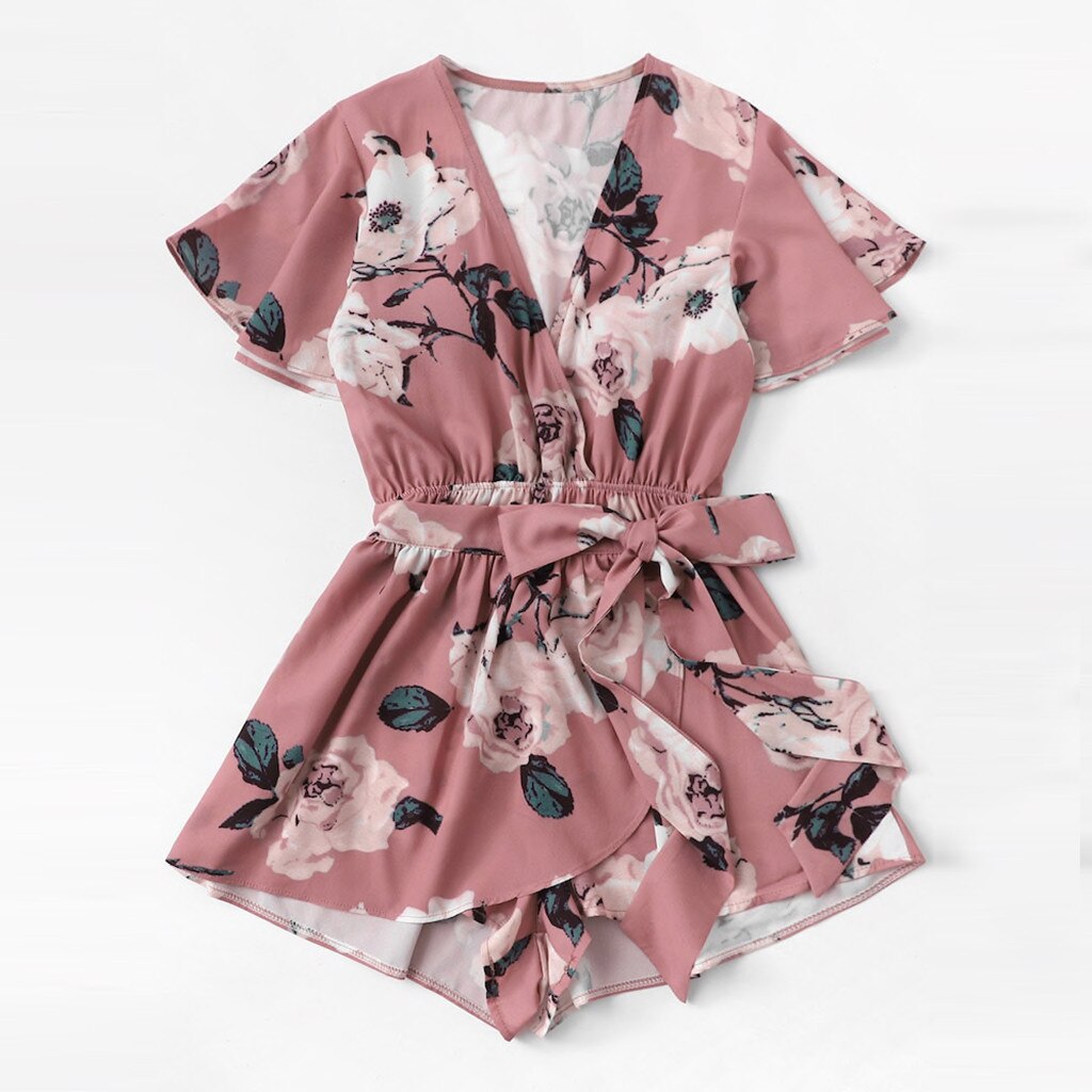 Women's V-Neck Short Sleeve Bow Tie Ladies Summer Shorts Jumpsuit Floral Print Wrap Casual Romper Bohemian Playsuits