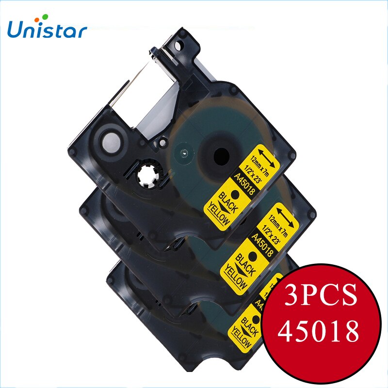 UNISTAR ensemble 3 pièces Dymo 45018 ruban d'étiquettes 1/2 "12mm noir sur jaune rubans d'imprimante compatibles pour Dymo D1 12mm Labelmaker