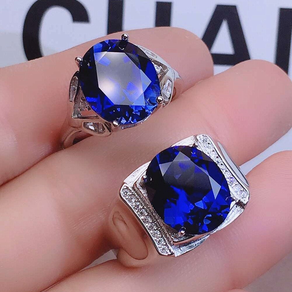 Blu di cristallo pietre preziose zaffiro anelli di diamanti per le donne degli uomini paio di bianco oro argento dei monili di colore bijoux bague regali di nozze