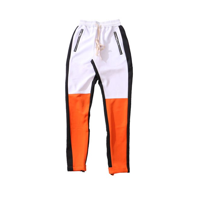Stripete fargeblokkerte treningsbukser herre streetwear hofte hopp ankel glidelås joggerbukser til menn elastisk midje flerfarget lappeteppe: M / Oransje