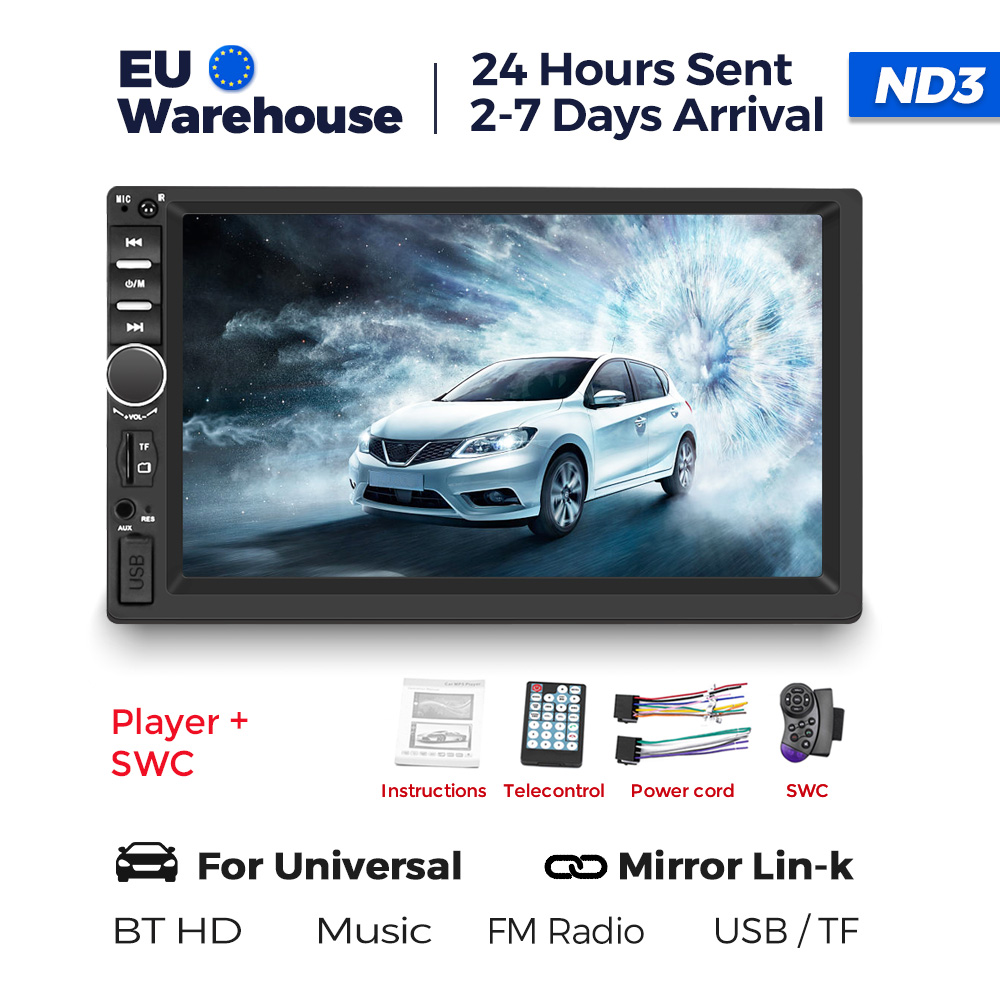 Lecteur de limitation de voiture double DIN universel, radio stéréo à écran tactile, lien miroir, entrée AUX, BT, SWC, FM, USB, carte TF, RCA, 1080P, 7 pouces: WHITE
