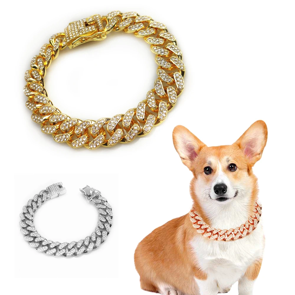 Strass Hond Ketting Kraag Metaal Sterk Goud Cubaanse Link Hond Ketting Luxe Diamant Puppy Kat Kraag Hond Sieraden Accessoires