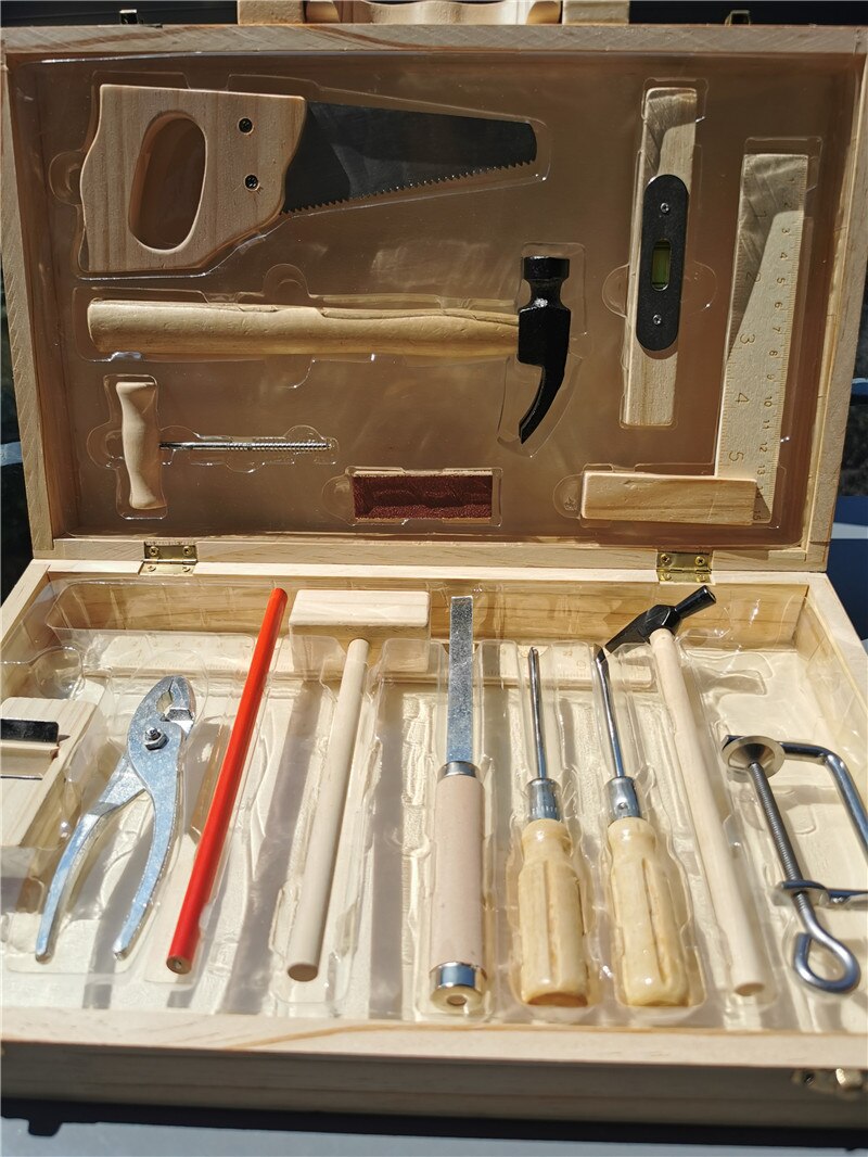 Boîte de menuisier en bois pour enfants, jouet pour faire semblant, jeu d&#39;outils en bois, marteau tournevis, apprentissage de compétences manuel: Default Title