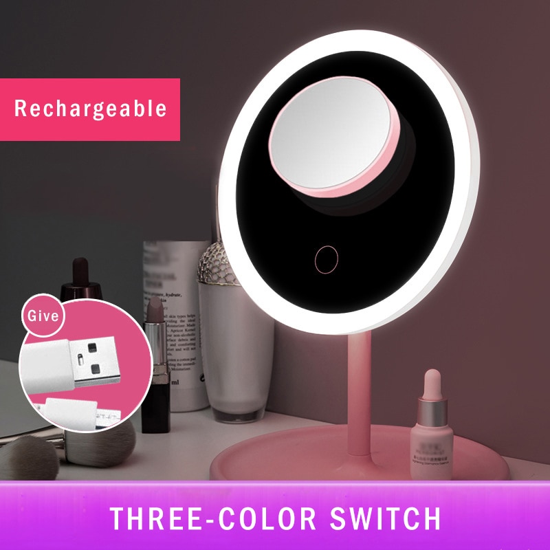 Escritorio Mesa Redonda espejo de tocador para maquillaje con luz Led 3 Color espejo cosmético portátil compacto de fondo de pequeños espejos