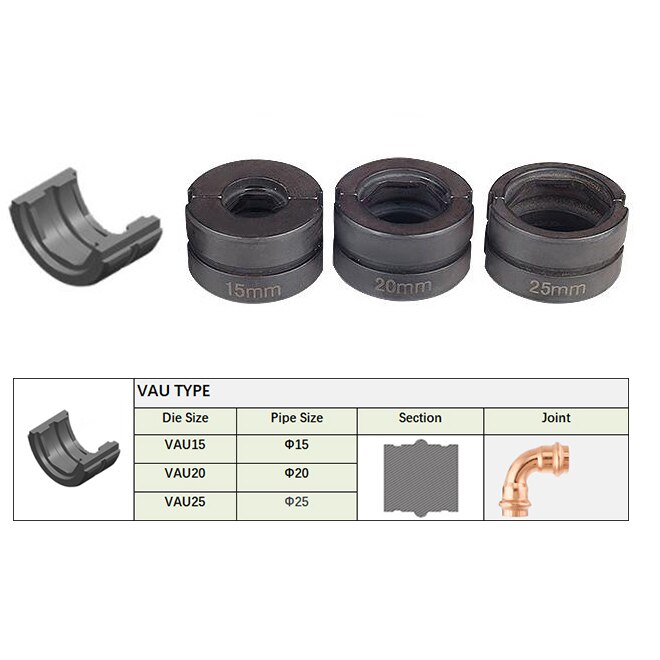 iGeelee Kinds of hydraulic pipe crimping dies, TH, U pipe dies for Pex Fittings and V, M, VAU, VUS pipe dies for copper fittings: VAU dies