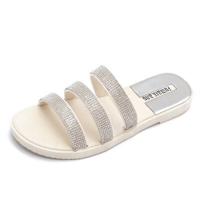 Dames zomer slippers dames pantoffels dames kristal platte zomerschoenen strass bling bling vrijetijds strand slides: Wit / 6